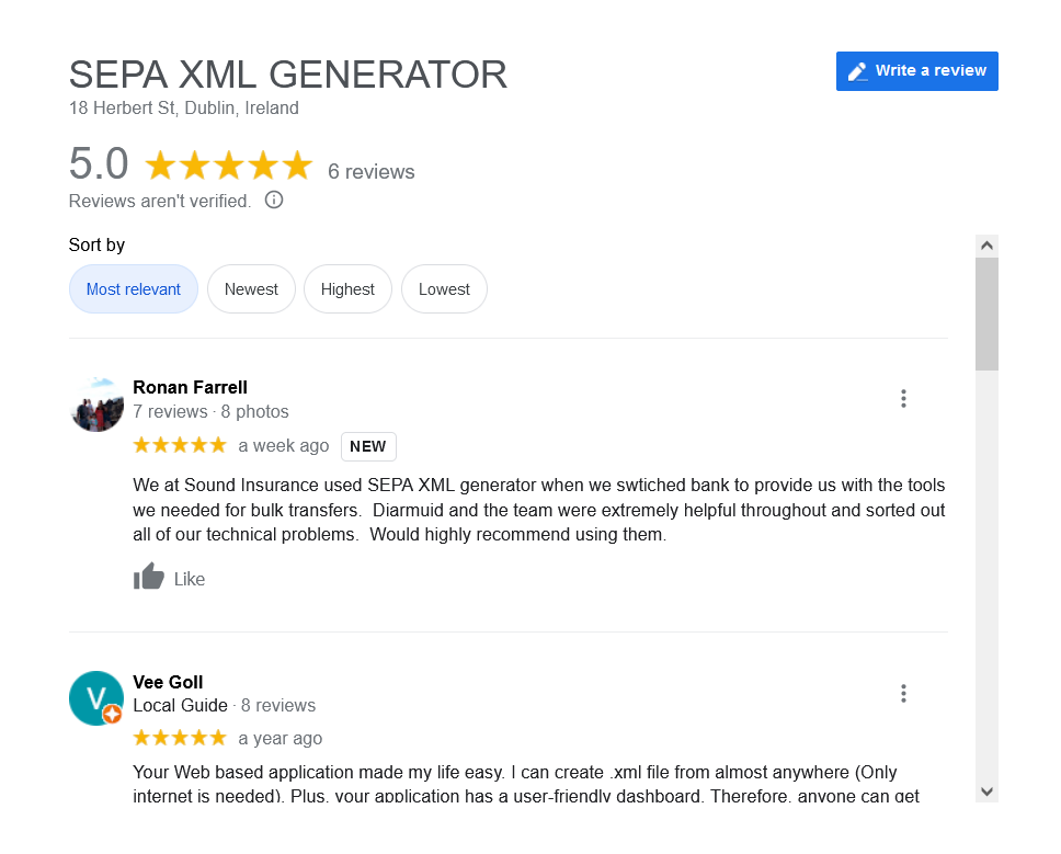 SEPA XML GENERATOR Review and Testimonial for a Bank of Ireland customer