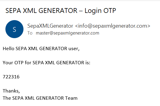 Amostra de SEPA XML GENERATOR One Time Password (OTP) - E-mail