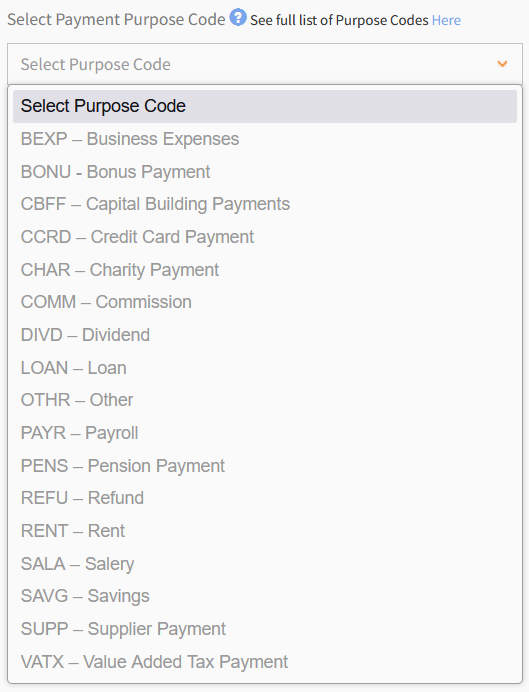 SEPA Purpose Codes from SEPA XML GENERATOR