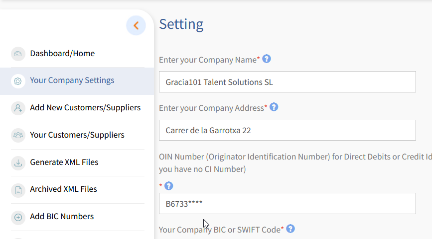 Numer CIF (Certificado de Identificación Fiscal) w ramach SEPA XML GENERATOR