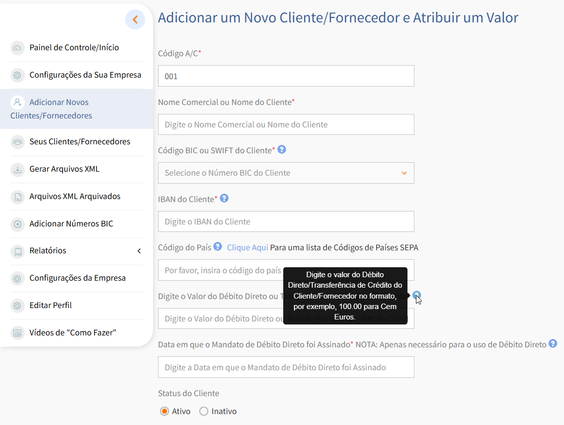 SEPA XML GENERATOR em português Adicionar um novo cliente