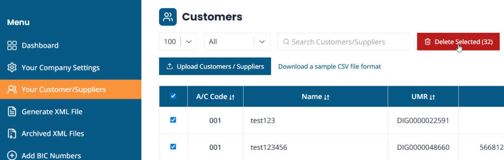 Μαζική διαγραφή όλων των πελατών - SEPA XML GENERATOR