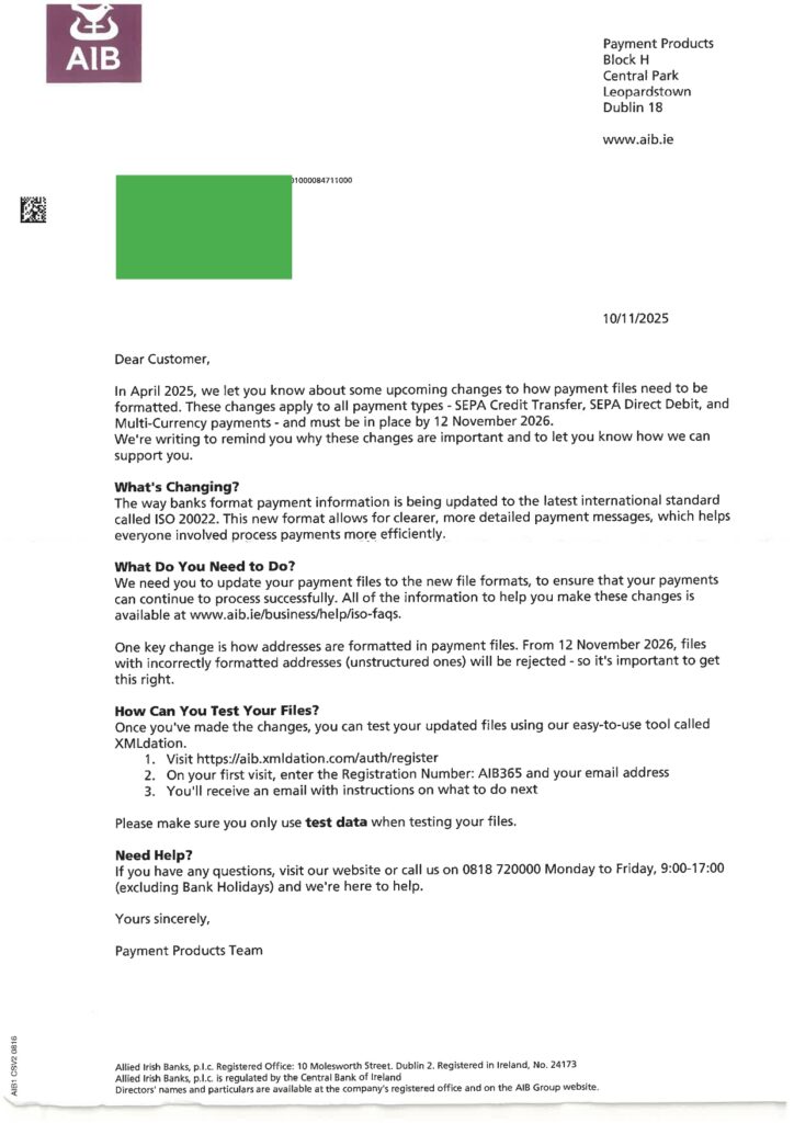 SEPA ISO 20022 - Letter from Bank - Direct Debits and Credit Transfers jpg